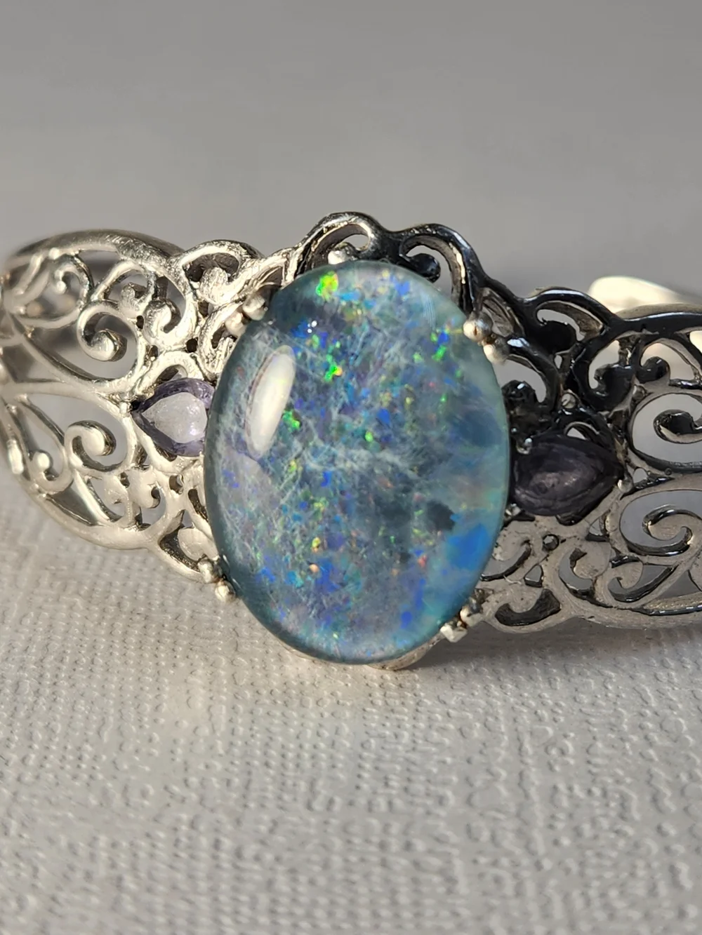 VTG Large Natural Opal & Amethyst 925 Filigree Cuff Btacelet - Picture 16 of 16